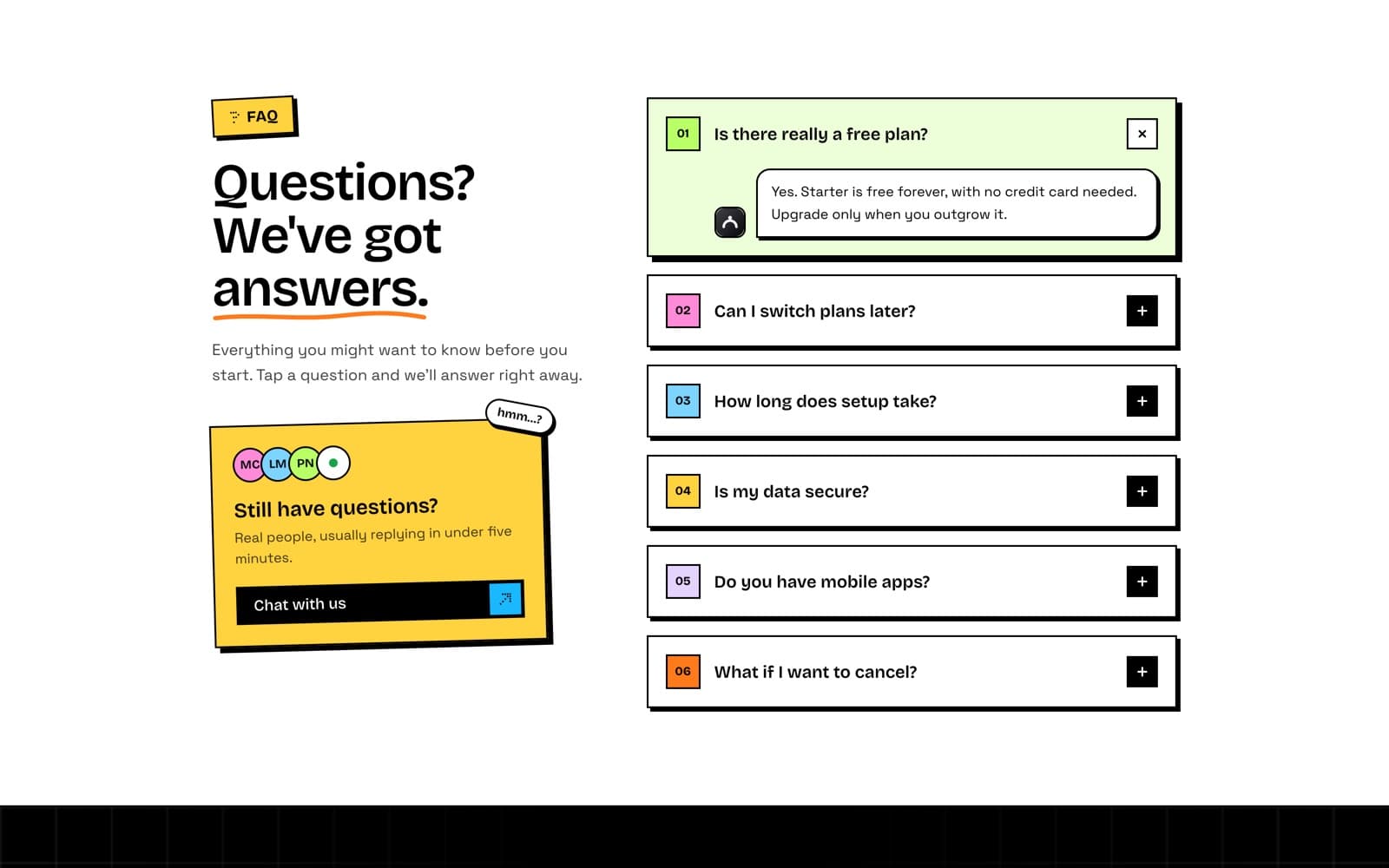 The FAQ, with an answer shown as a speech bubble