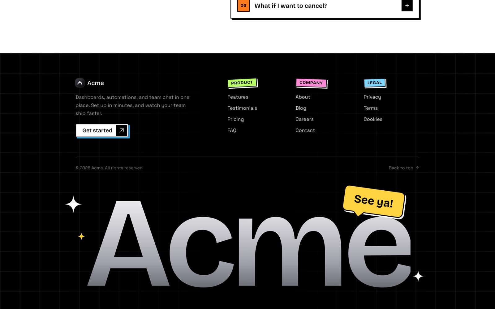 The footer, with link columns and the name in silver