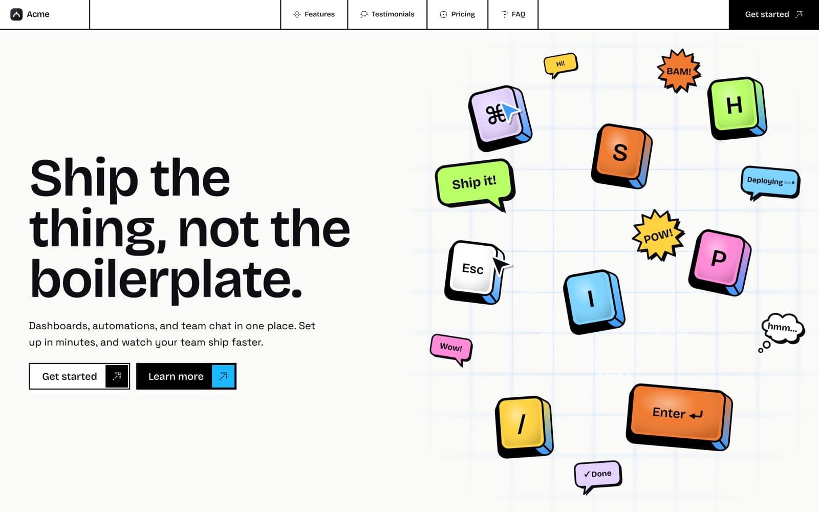 The hero: a big headline beside 3D keycaps and comic speech bubbles