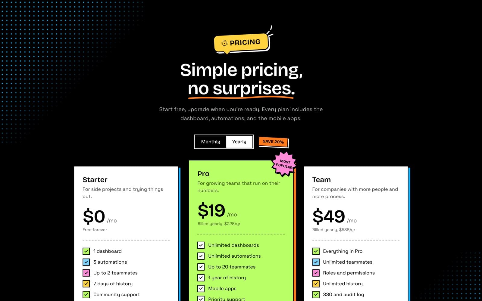 Pricing on a black band with a monthly and yearly switch