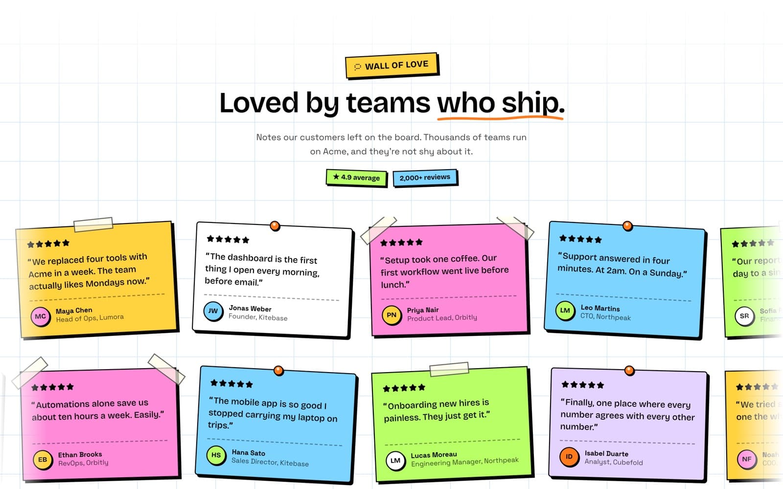 The wall of love: testimonial notes pinned on a grid