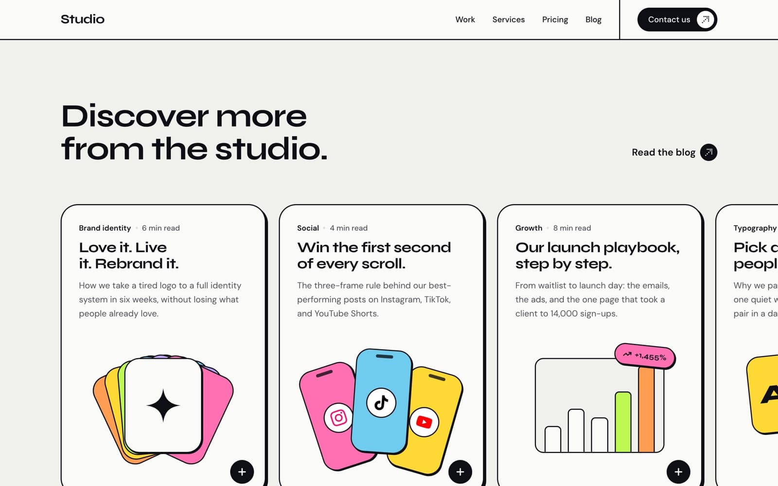 Blog cards in a sideways row, each with a cover drawn in code