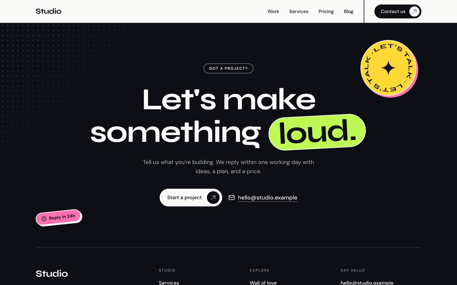 The call to action on black, with a spinning Let's talk sticker