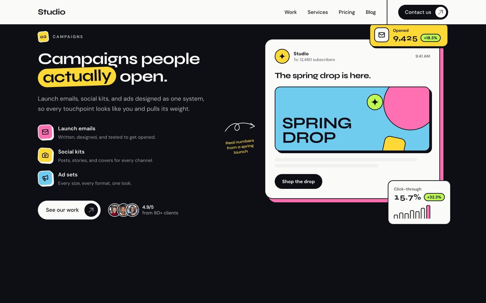 A results row: a campaign email with open and click-through cards on black